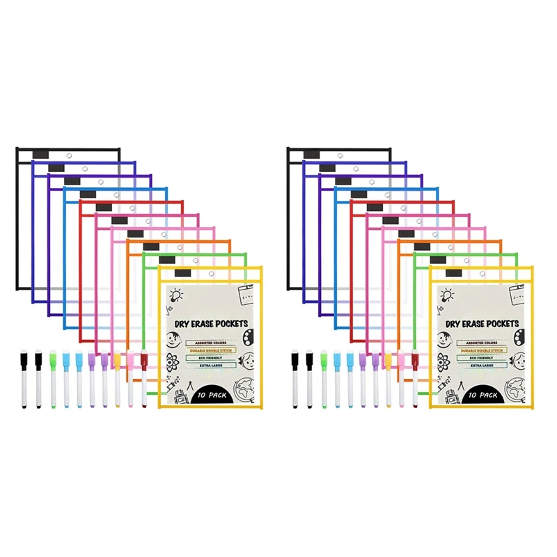 Dry Erase Pockets Sleeves, (20 Pack) A4 Paper Job Ticket Holders, Reusable Dry Erase Sheets For Classroom Worksheets