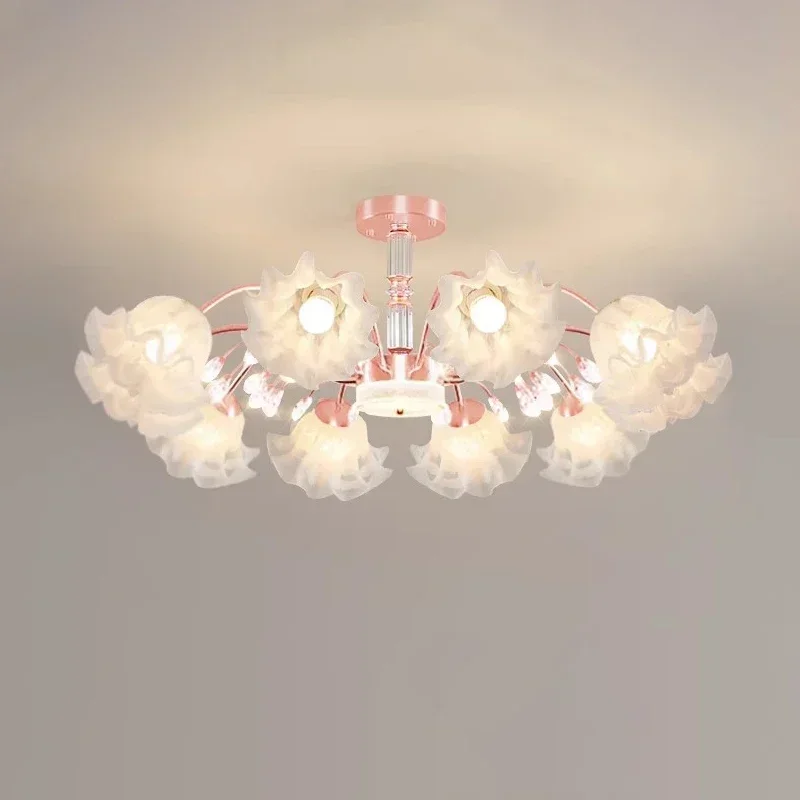 Pink Flower Chandelier for Girl Bedroom Minimalist Modern Warm Home Decor Indoor Lighting Princess Theme Living Room Lamp