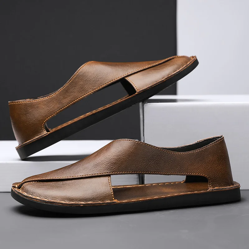

Men's sandals 2025 summer handmade soft sole side empty bag head flat fashion trendy beach shoes youth wear light outside