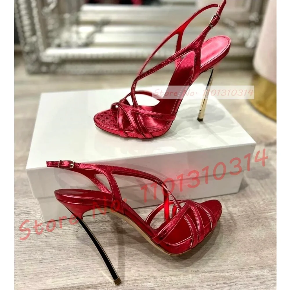 Red Metallic Metal Heels Sandals Women Slingback Cross Strap Luxury Shoes Female Summer Sexy Plus Size Banquet High Heels Shoes
