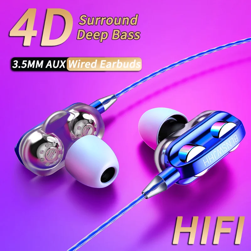 3.5mm Wired Headphones Noise Canceling In Ear Sports Earphone Dual Driver Bass Stereo Gaming Headset HiFi Music Earbuds With Mic