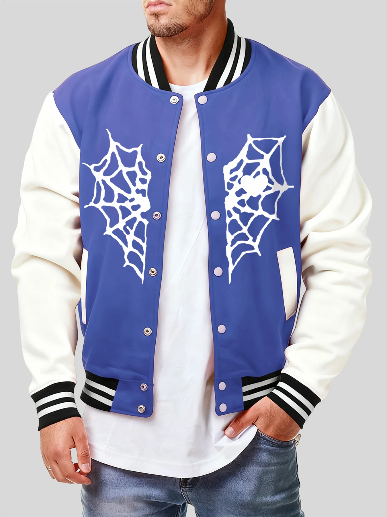 

White Heart-Shaped Spider Web Print Jackets Men Autumn Fashion Fleece Pullover Casual Creative Clothes Vintage Pocket Jacket