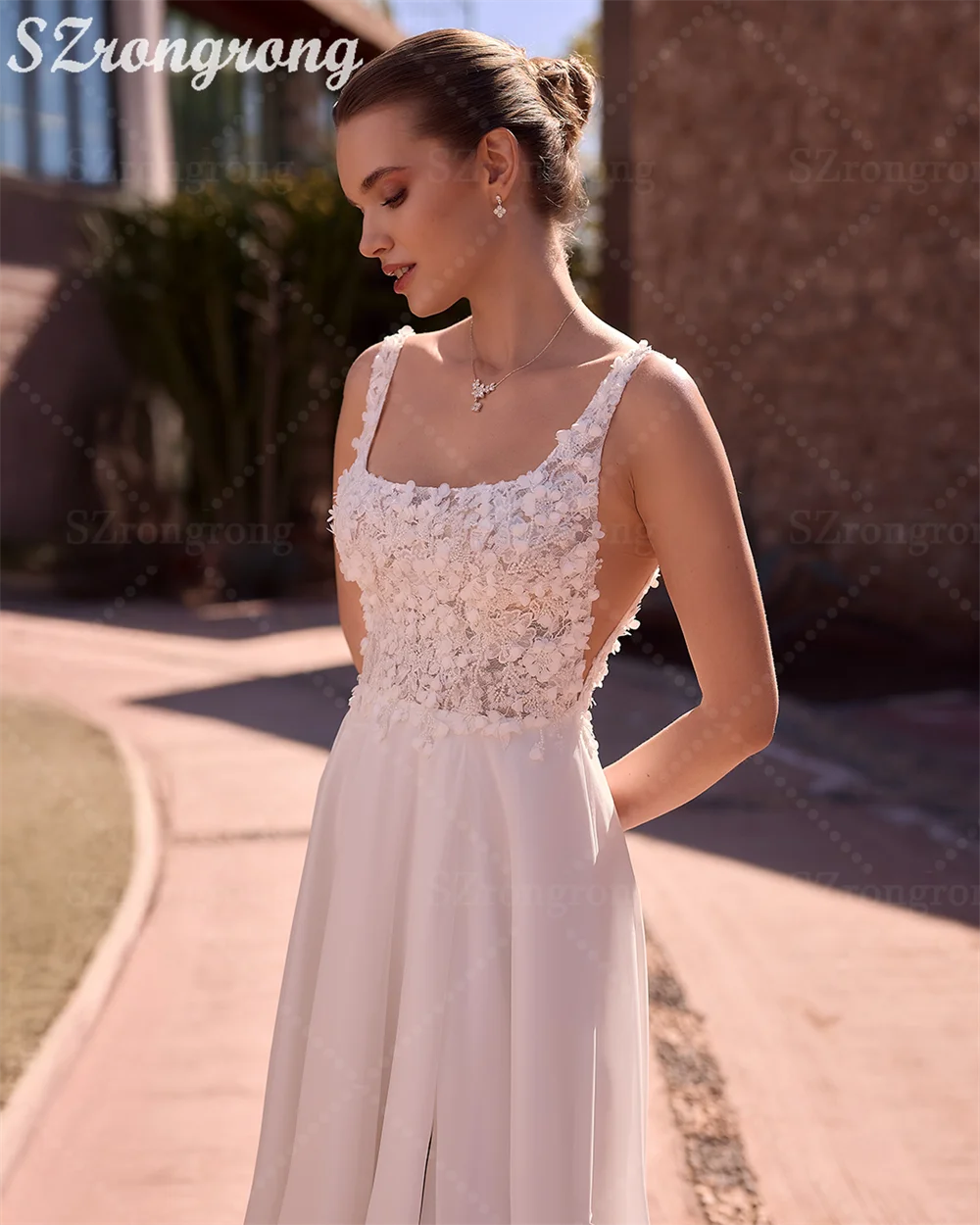 Bohemaid Square Collar Chiffon Draped A-line Wedding Dress Backless Side Slit Long Bridal Dress with Train Custom Made