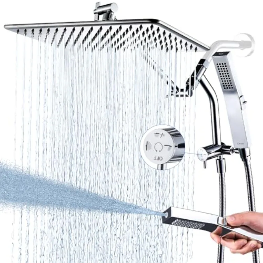 Rain shower head for bathroom use, all metal chrome finish, 14 inches diameter with handheld, power wash mode, 3-way diverter,