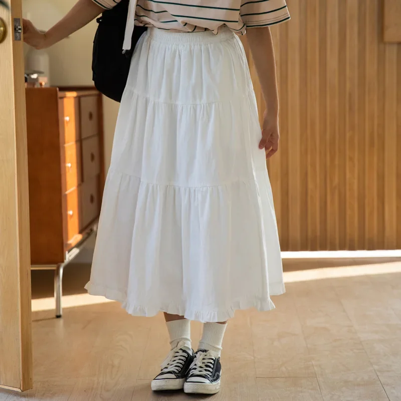 Japanese Style Sweet Vintage White Ruffles Pleated Long Skirts for Women Summer High Waisted A-line Fairy Cute Cake Maxi Skirt