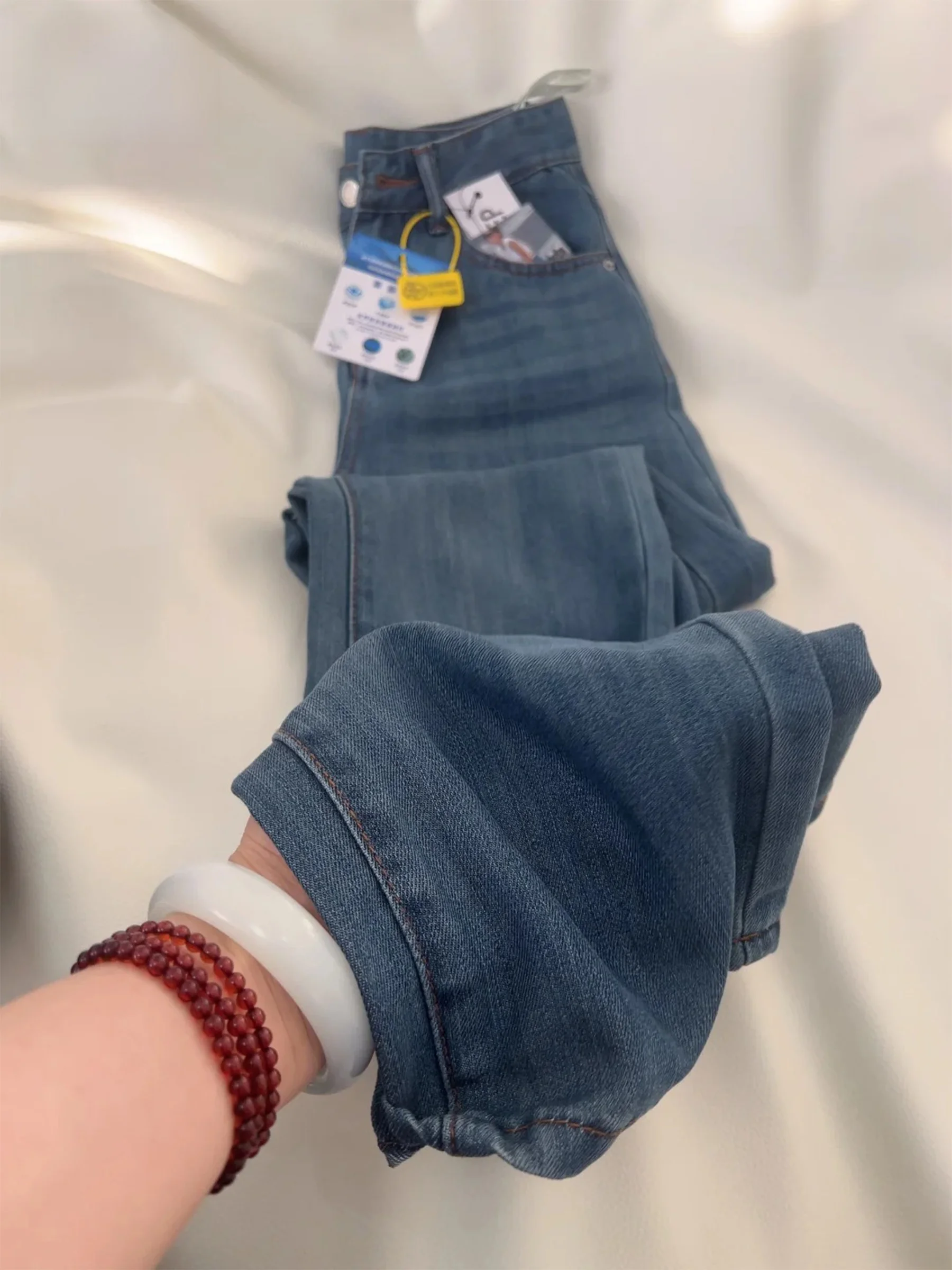 

Retro Blue American Style Women's High Waist Straight Leg Denim Jeans Summer Loose Floor-Length Casual Pants
