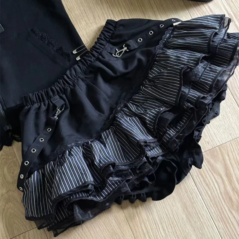 

Gothic Girls Stripe Punk Grunge Skirts Women Y2k Aesthetic Subculture Streetwear High Waist Lace Vintage Kawaii Mini Cake Skirt
