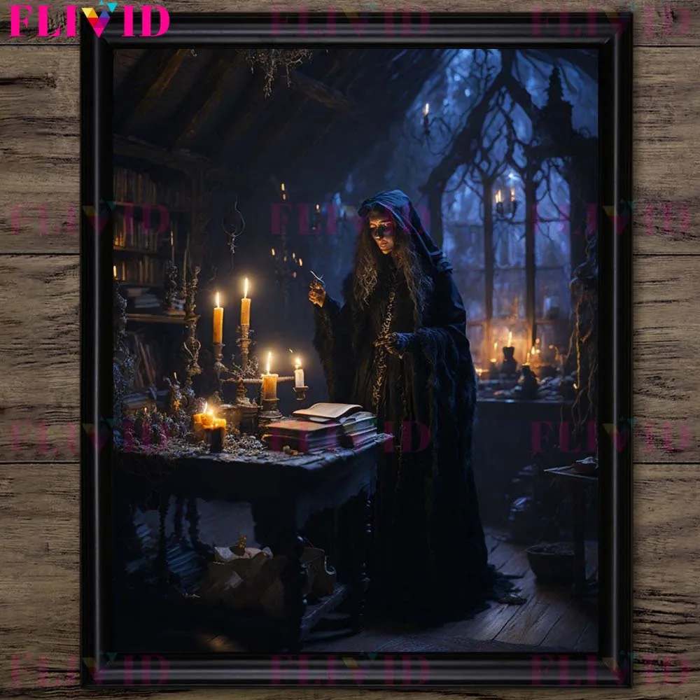 Creepy Dark Witch Gothic Horror Ai Art Poster And Print Black Robe Witch In The Night Art Poster And Print Wiccan Home Decor