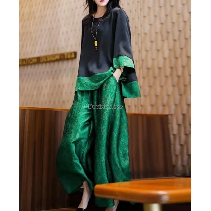 2025 chinese improved style loose casual 2 piece tang suit set satin round collar blouse long pants splicing design fashion set