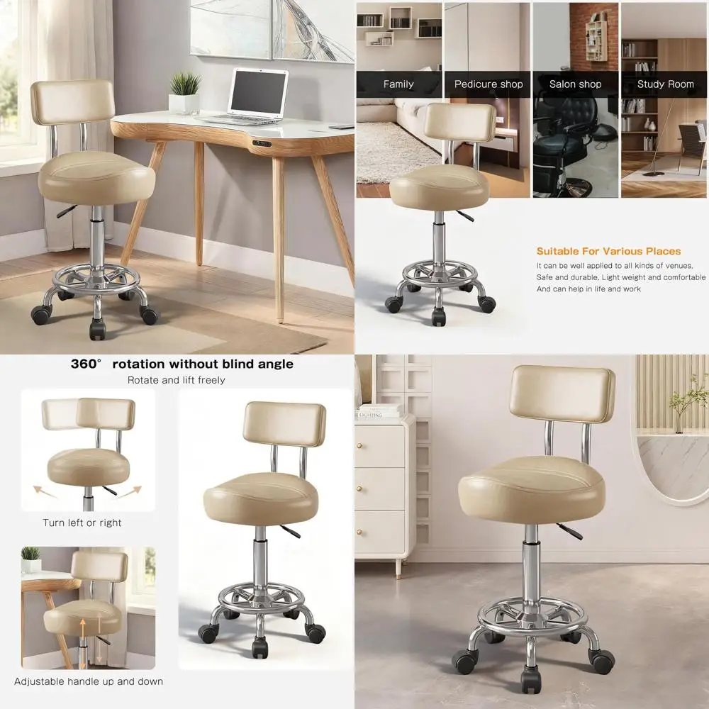 

Compact Swivel Office Chair with Armrests, Adjustable Height, Wheels, and Footrest, PU Leather, Khaki for Home and Office Use