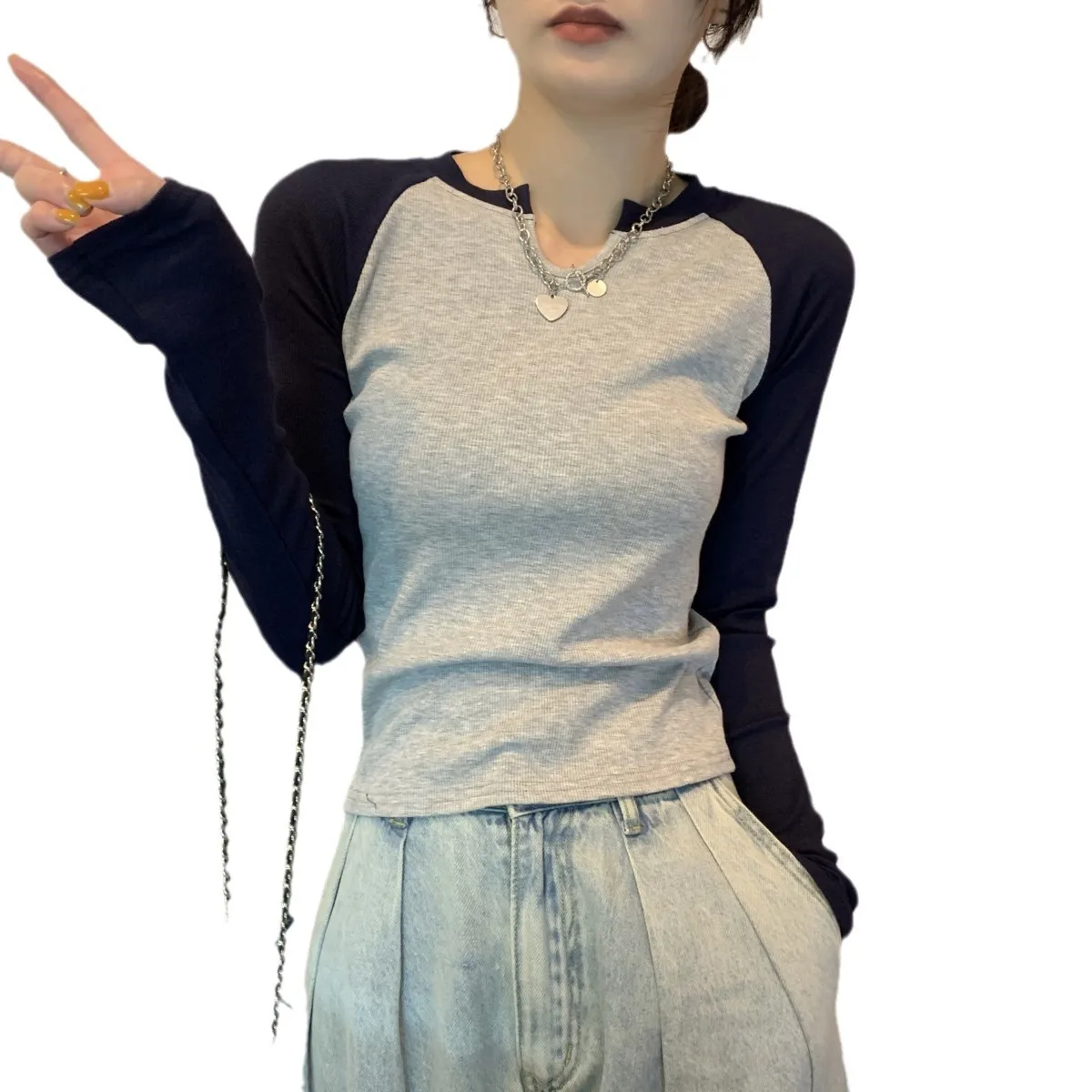 V-neck Splice Korean Fashion T-shirts Women Kpop Winter Autumn Tops Y2K Vintage Tees Harajuku Kawaii Cheap Clothes Woman Tshirts