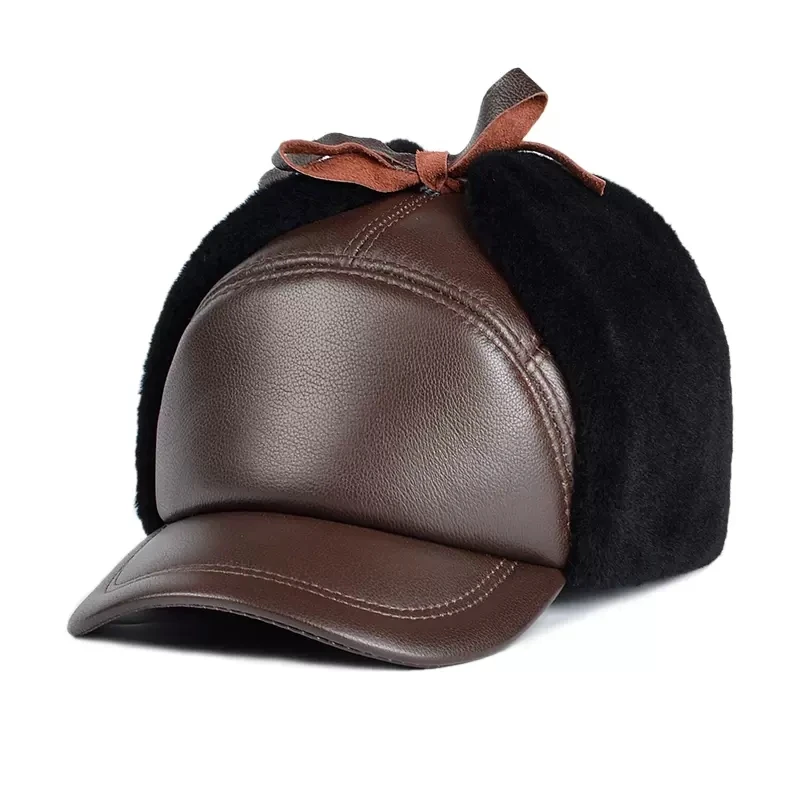 European American Winter Hat For Men 2022 Genuine Leather Thick Fleece Fur Caps Outdoor Gorro Invierno Hombre Black Warm Chapka