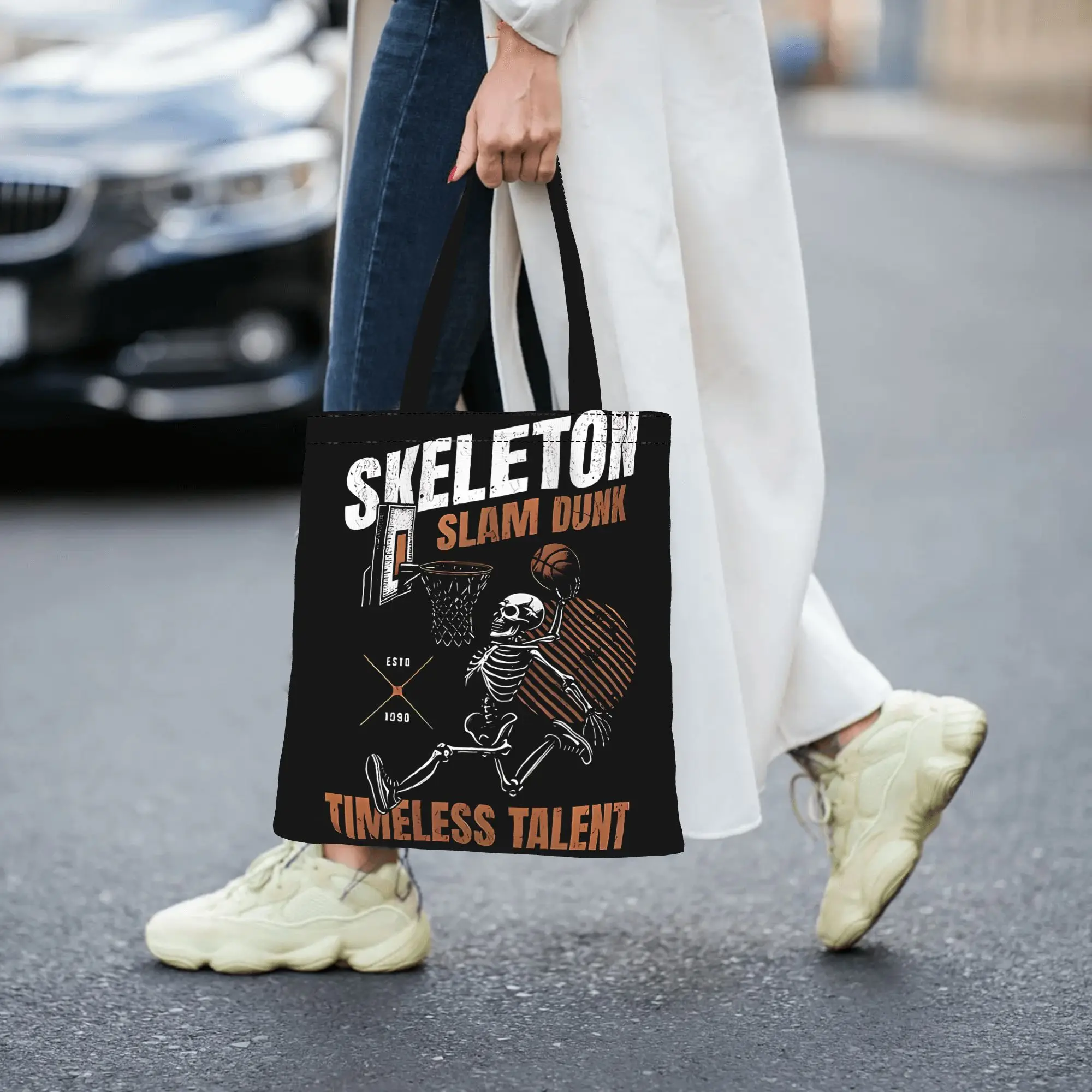 Skeleton Basketball canvas tote bag,  casual style for daily shopping
