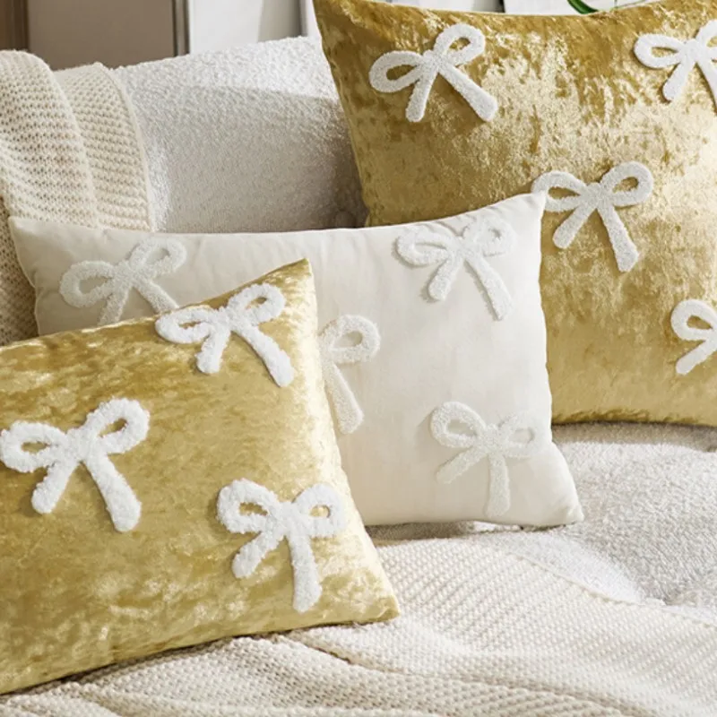 Cute Soft Bowknot Preppy Stuff Fluffy Plush Aesthetic Pillow Covers 30x50cm 45x45cm Red Gold Room Decor Gift Cushion Cover