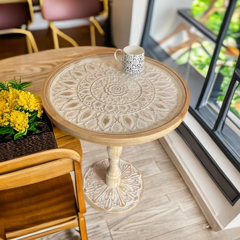 

‌ Французский винтажный торцевой столик и угловая подставка из резного дерева - балконный столик-бистро со стеклянным журнальным столиком, элегантный акцент для домашнего декора