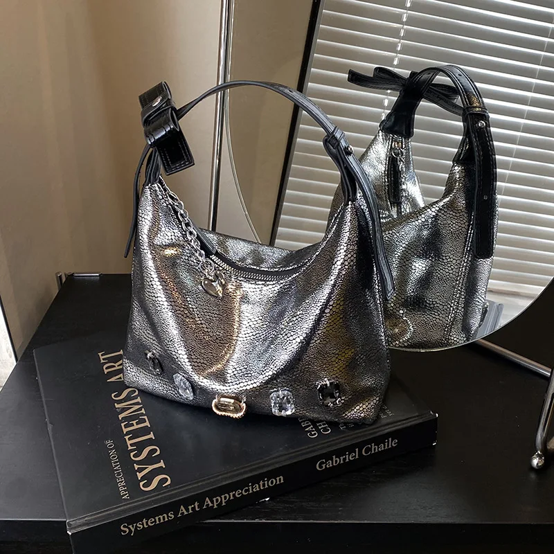 

​​2025 Fall Vintage Crystal Embellished Underarm Bag for Women Elegant Lazy Style Shoulder Purse Luxe Commuter Tote Timeless