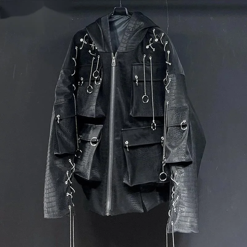 Designs New PU Leather Loose Men's Casual Jacket 2025 With Hat Pocket Design Long Sleeve Darkwear Male Tops CBH7