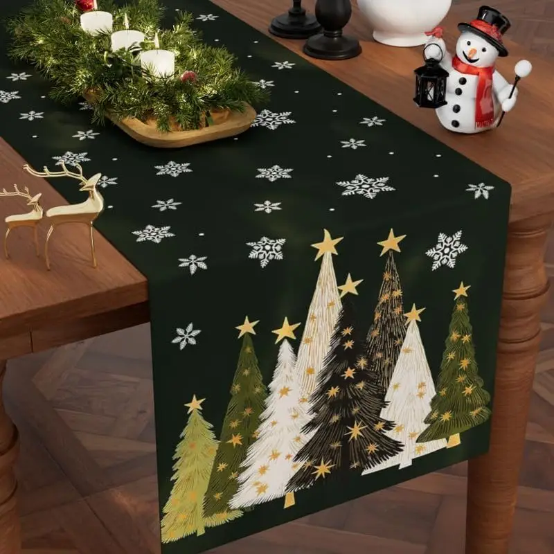 VIKAMA Christmas Table Runner Buffalo Plaid Xmas Tree Snowflake for Dining Table Home Winter Holiday Party Table Decor