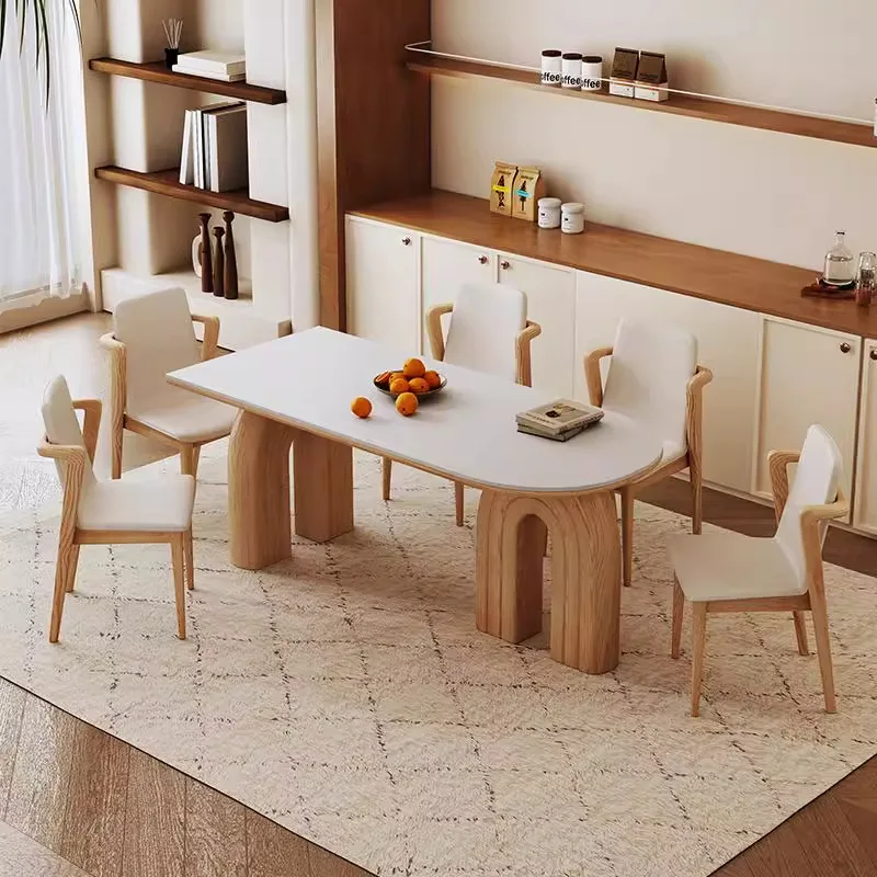 Log cream style small reliable wall semi-circular island slate dining table and chair combination
