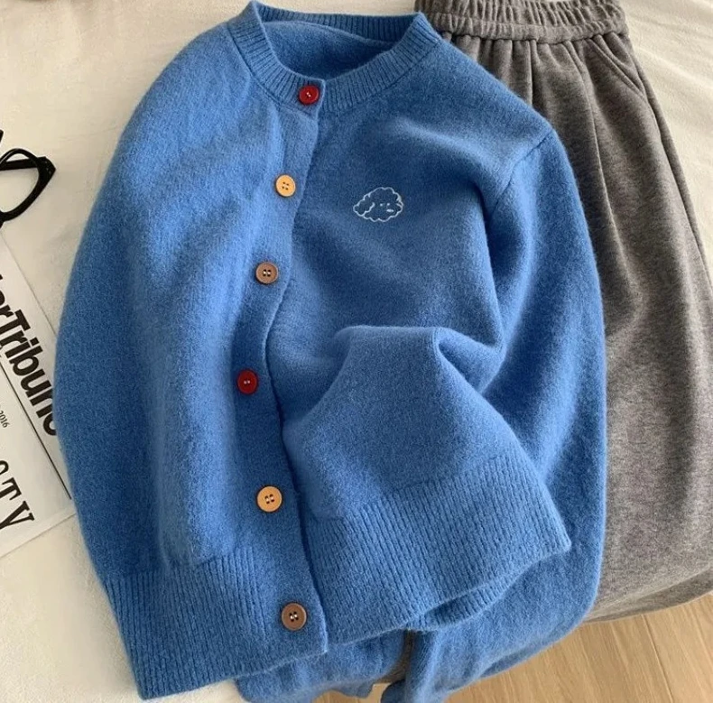 

Gentle Vintage Dog Embroidered Cardigan Women Fall Winter Round Neck Knit Sweater Coat