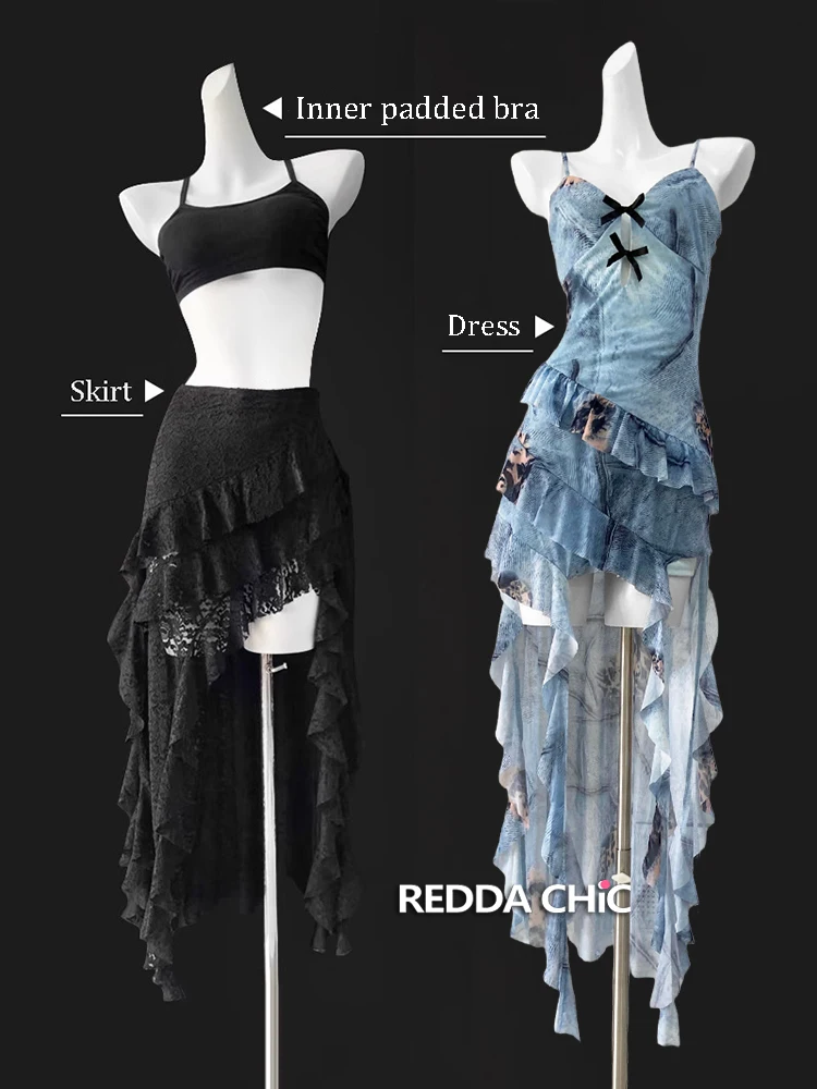 REDDACHiC Women Matching Set Built-in Bra Top Bow Cut-out Cami Dress Ruffle Flowy High-Low Long Skirt Party Festival Streetwear