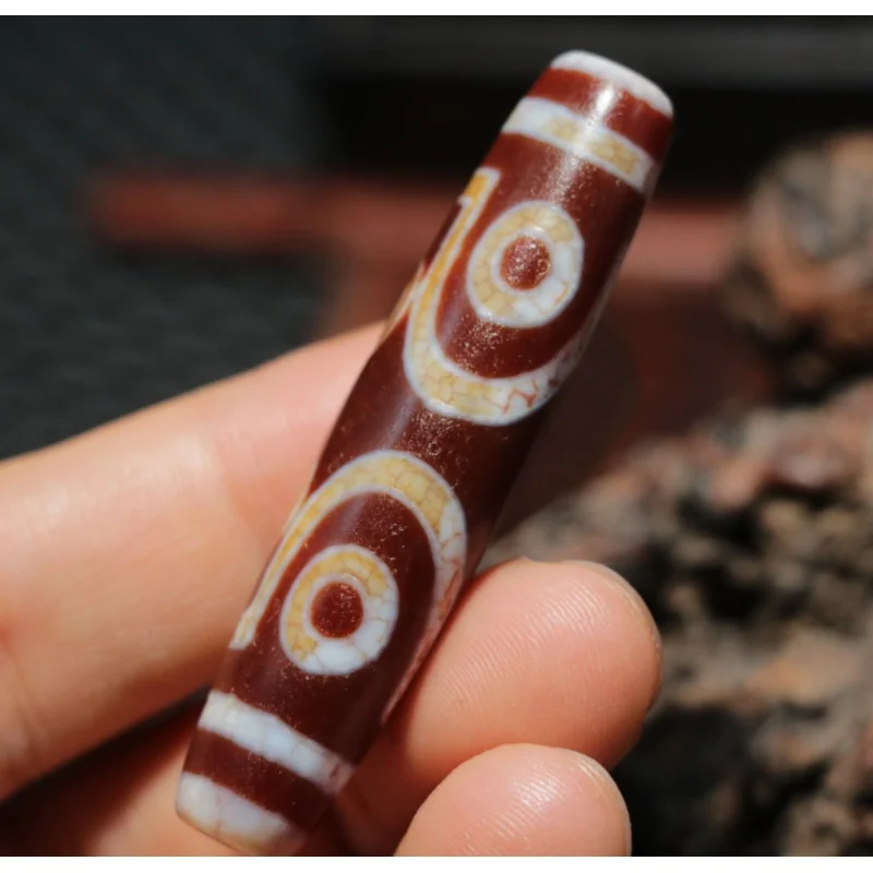 Unique Energy Tibetan Old Red Agate Oily Patina 7 Eyed 2 Stripe dZi Bead Amulet