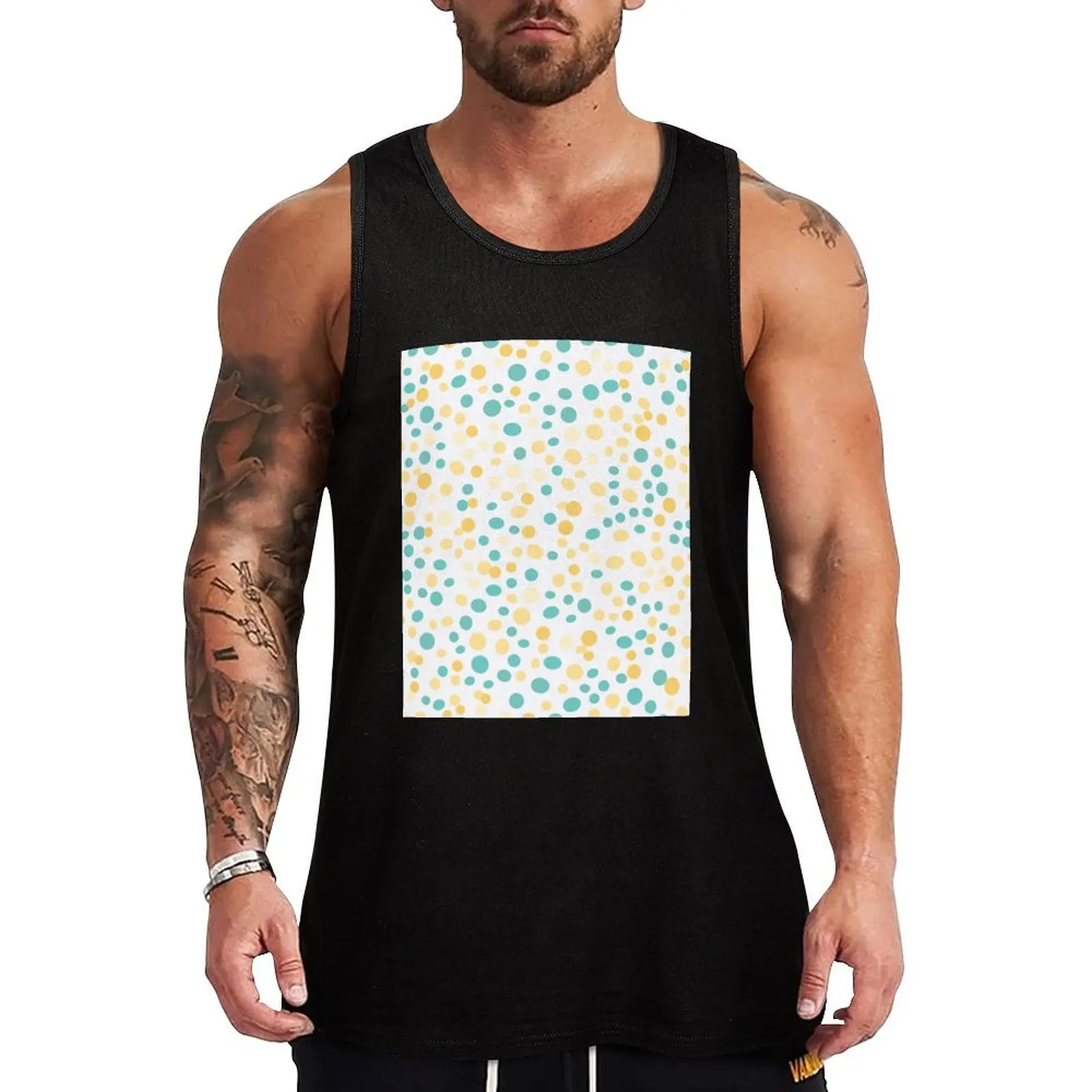 Pretty Spring Yellow And Teal Polka Dots Tank Top Moisture Wicking Sports Tank Top Running Workout Shirt
