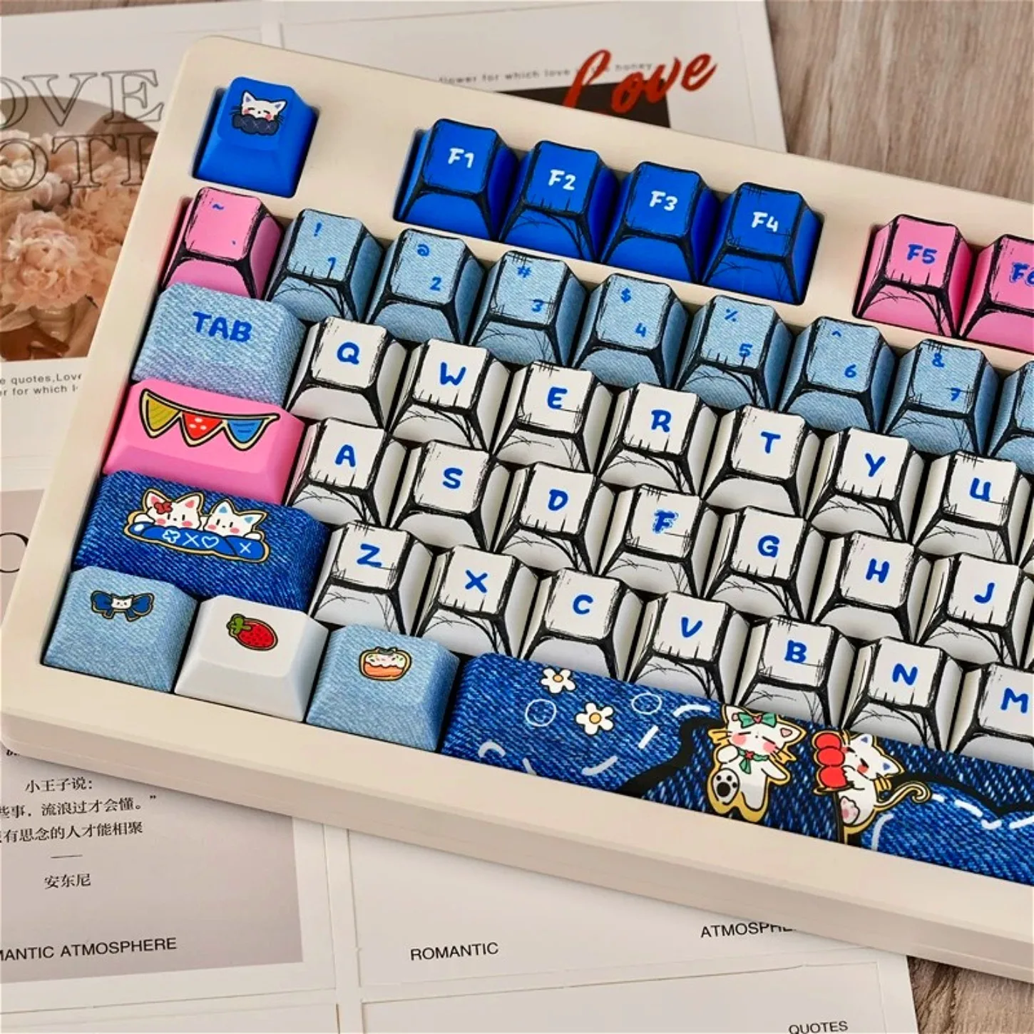 

130 Keys Cute Cowboy Cat Theme PBT Keycaps Cherry Profile Custom Keyboard Caps Suitable for 61 To 108 Layout Mechanical Keyboard