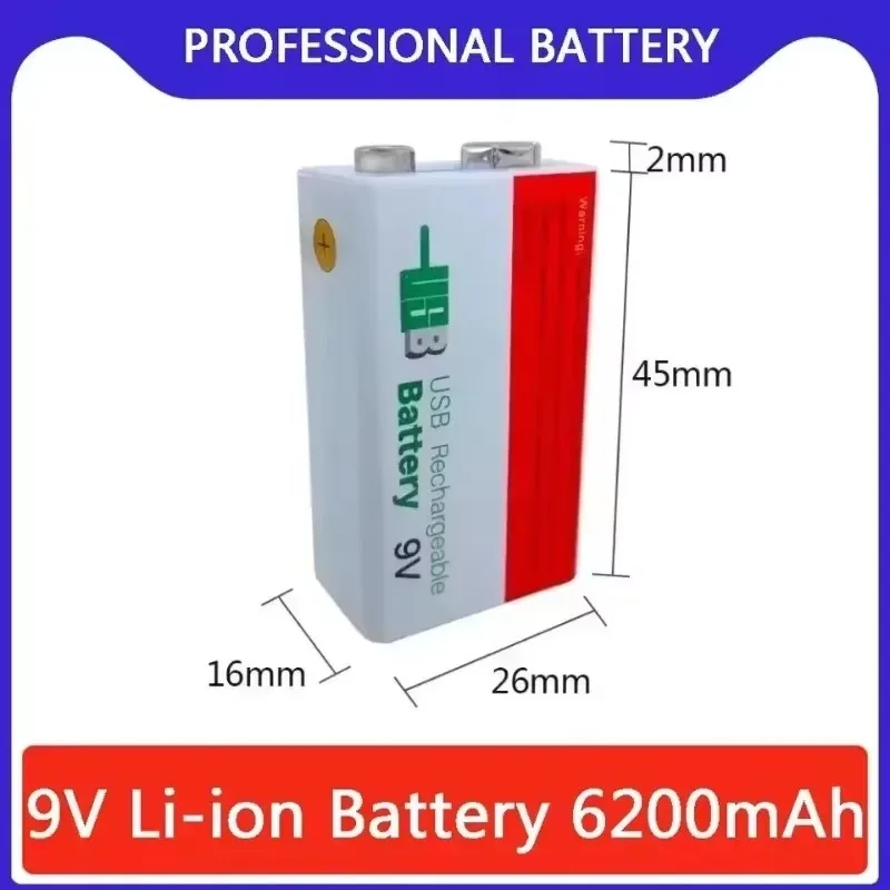 

Литий-ионная аккумуляторная батарея 9 В, 6200 мАч, литиевая батарея типа C, 9 В USB для мультиметра, микрофона, игрушки + USB-кабель для зарядки