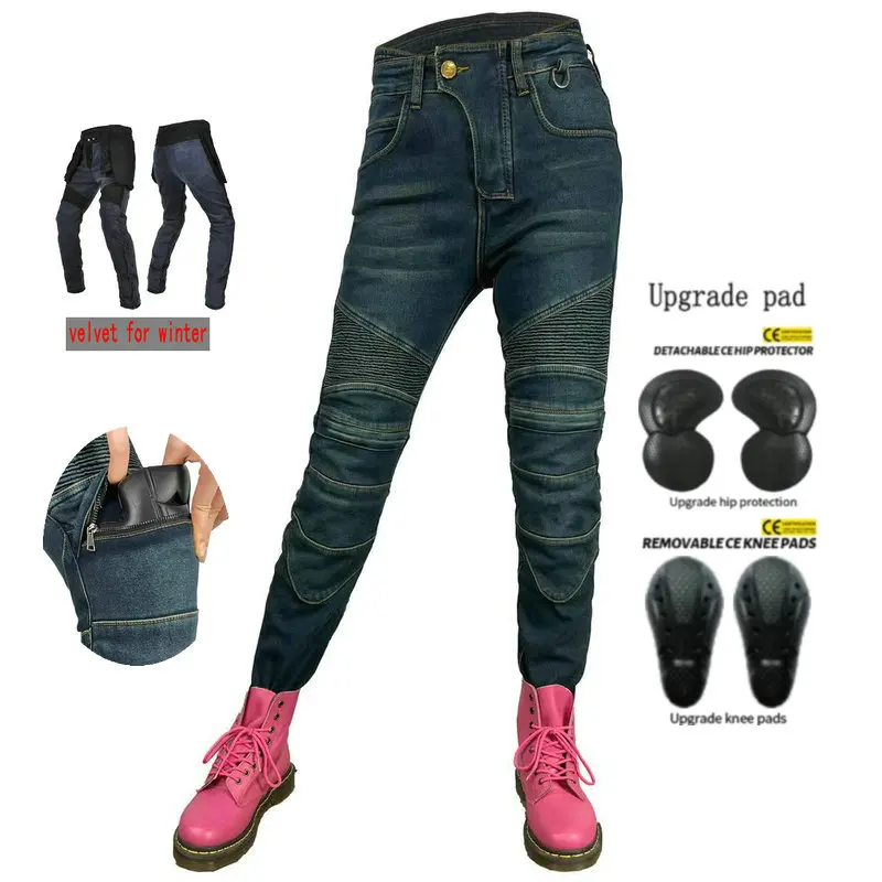 Volero Female Motorcycle Riding Jeans Winter Velvet Warm Protection Cycling Pants Motocross Windproof Casual Protective Trousers