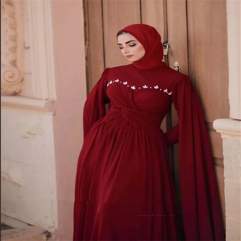 Arabisches elegantes Abendkleid O-Ausschnitt Chiffon mit langen Ärmeln A-Linie Abendkleid Muslimisches individuelles Hochzeitskleid Meerjungfrau