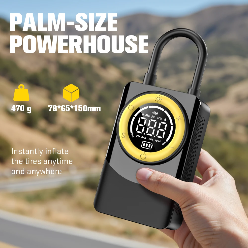 Carsun Portable Wireless Car Tire Pressure Monitor (150PSI): Light, Air Compressor, Intelligent Start/Stop, Multi-Mode