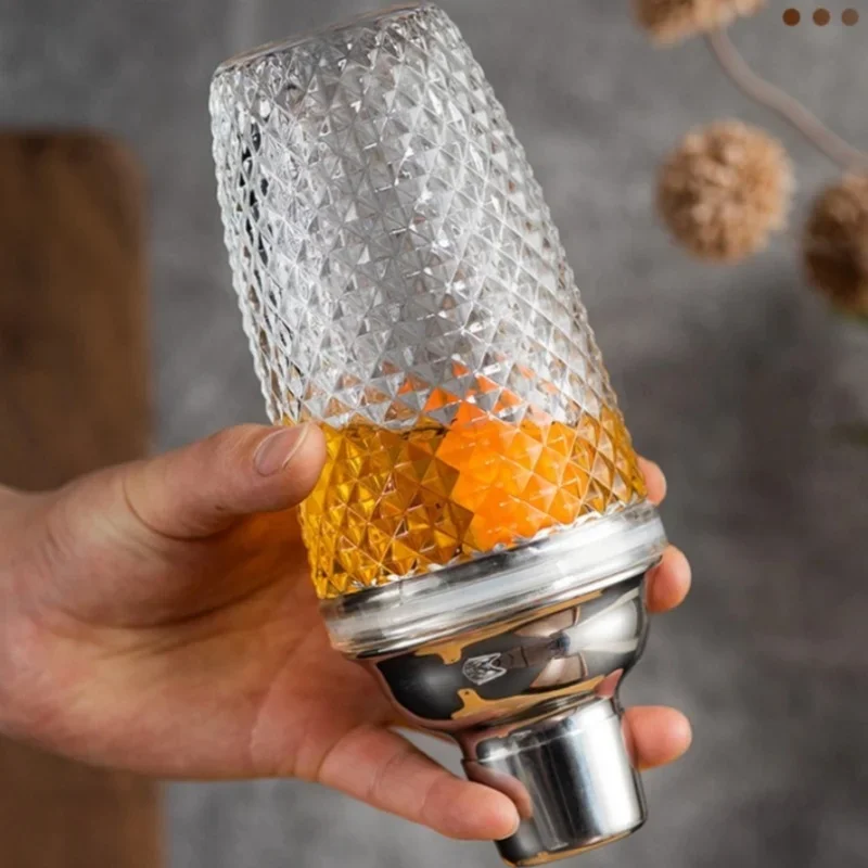 Glass Cocktail Shaker Martini Mocktail Making Set with Leakproof Metallic Steel Lid Woven Pattern Glass Cup Home Use Bar Gadget