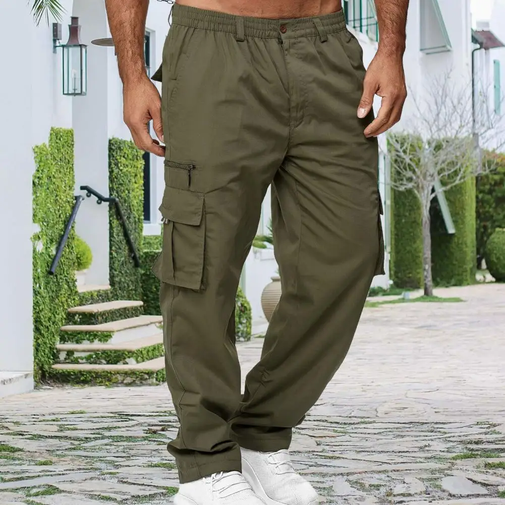 Reinforced Pocket Pants Men's Elastic Waist Cargo Pants with Multi Pockets Straight Leg Sweatpants Stretchy Slacks for Street