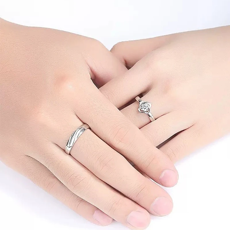Couple's Four-Leaf Clover Rings Open Finger Silver Wedding Bands Custom Valentine's Day Gift Lucky Birthday Jewelry