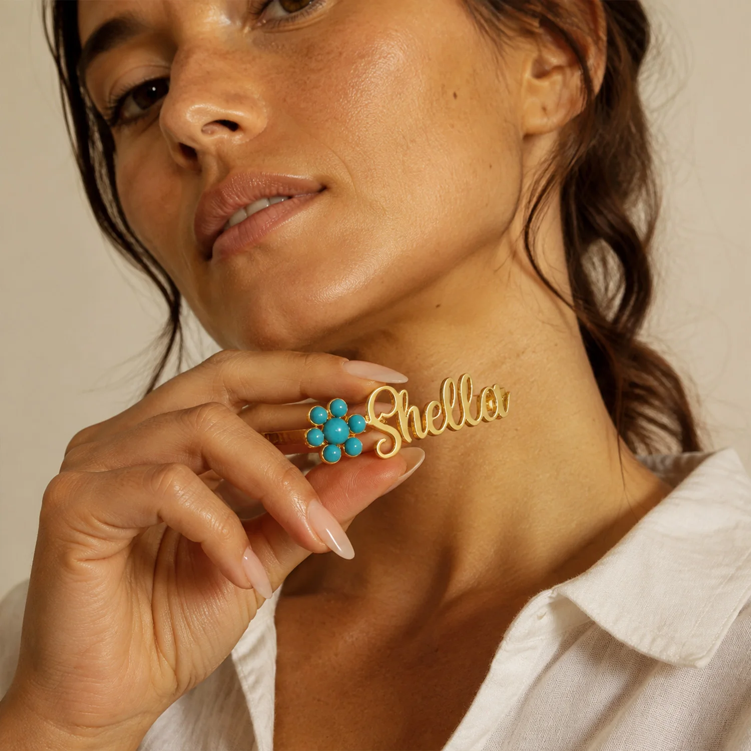 Custom Name Brooch Pin Personalized Cursive Turquoise Color Flower Lapel Scarf Dress Fashion Jewelry Birthday Gift for Women