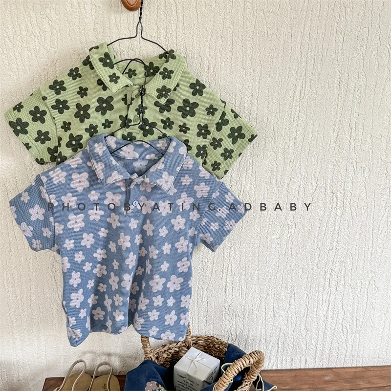 Girl Shirt Top 2024 Summer and Spring Children Summer Children Korean Style Printed Short-sleeved Floral T-shirt Top