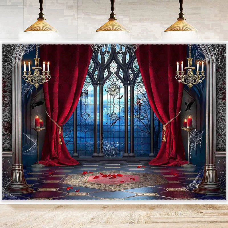 Halloween Vampire Medieval Castle Photography Backdrop Gothic Window Red Curtain Bats Background Haunted House Party Decor