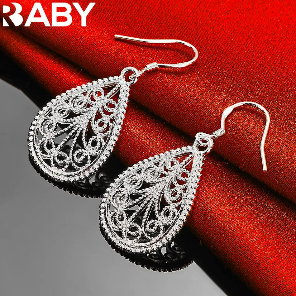 

URBABY 925 Sterling Silver Carved Water Drop Earrings For Women Jewelry Fashion Romantic Elegant Engagement Wedding Accessorie