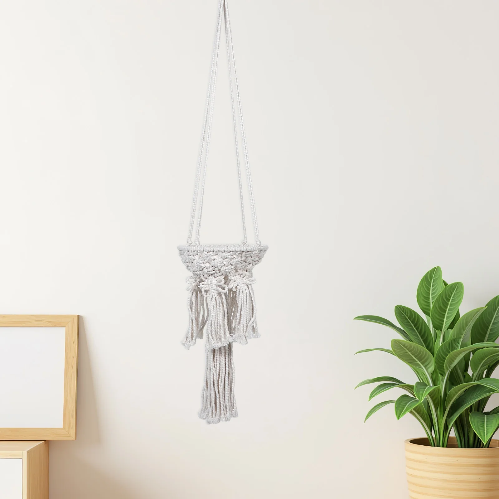 

Woven Cotton Rope Hanging Basket for Storage and Decor - Rustic Macrame Wall Planter Organizer Suitable Indoor Outdoor Use