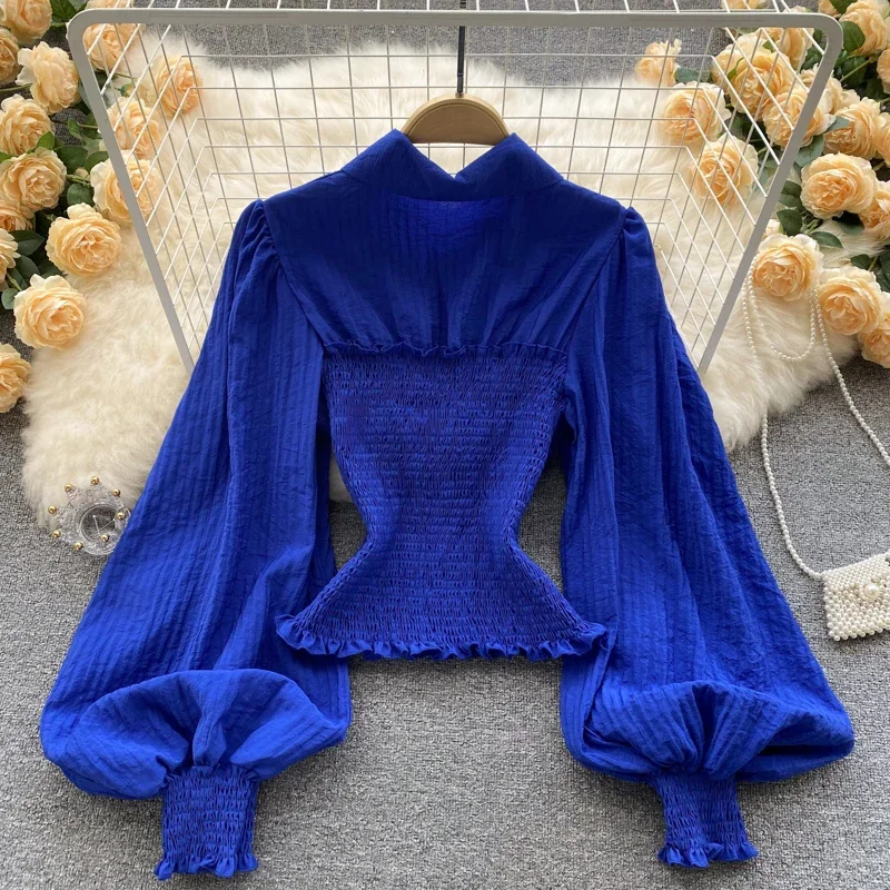 Vintage Lantern Long Sleeve Lapel Pleated Blouse Slim Elegant Korean Fashion Top Sexy Autumn Women Shirt