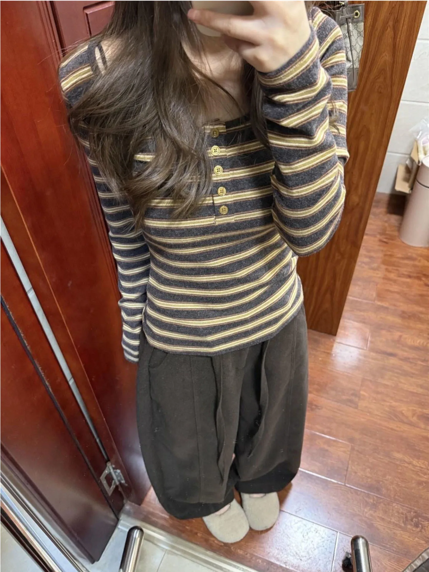 

Женская модная футболка Slim Fit с длинным рукавом в полоску, в корейском стиле, для осени и зимы, повседневная, с круглым вырезом