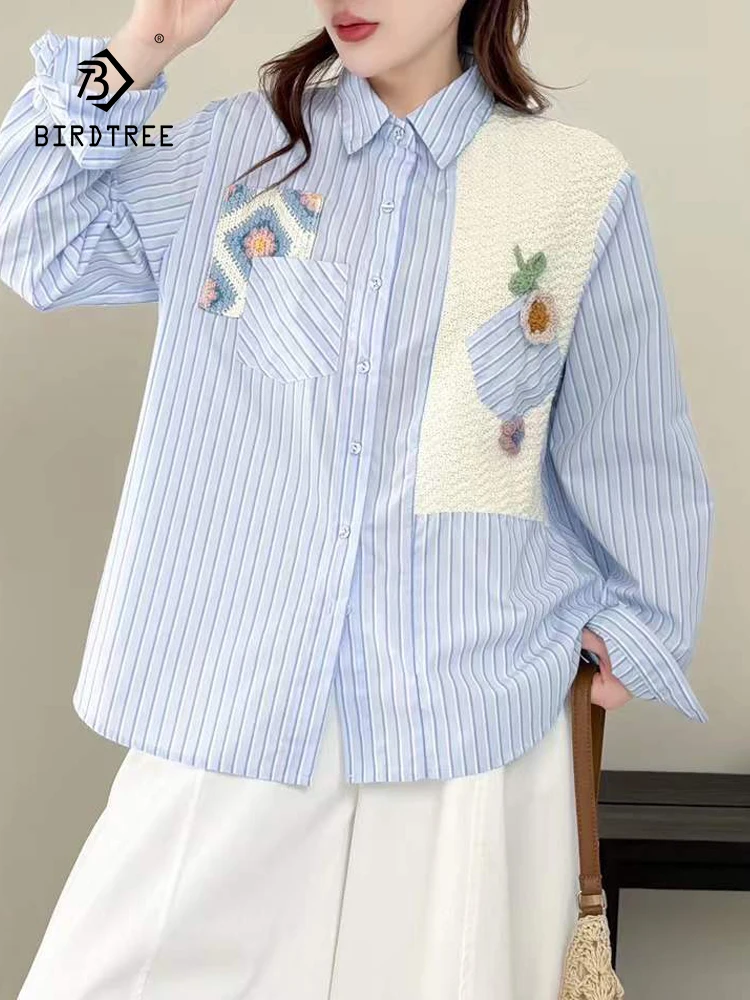

New 2026 Spring Cotton Long Sleeve Shirt, Women Lapel Striped Knit Patchwork, Mori Girl Sweet Preppy Style Loose Blouse T61519CC