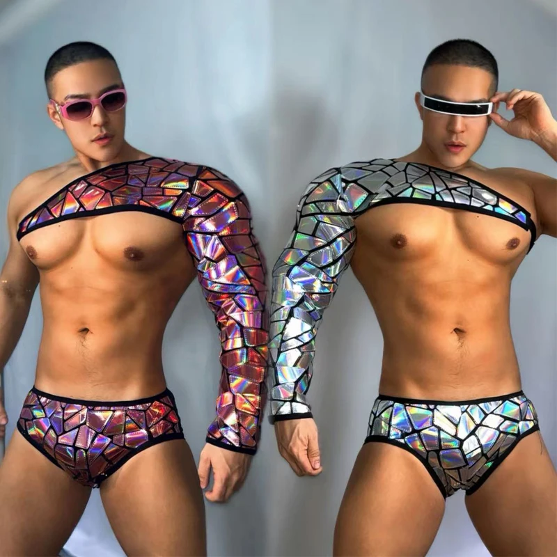 

Colorful Reflective Mirrors Gogo Costumes Sexy Single Sleeve Sequins Top Briefs Men Pole Dance Outfit Stage Ds Dj Rave Wear 7636