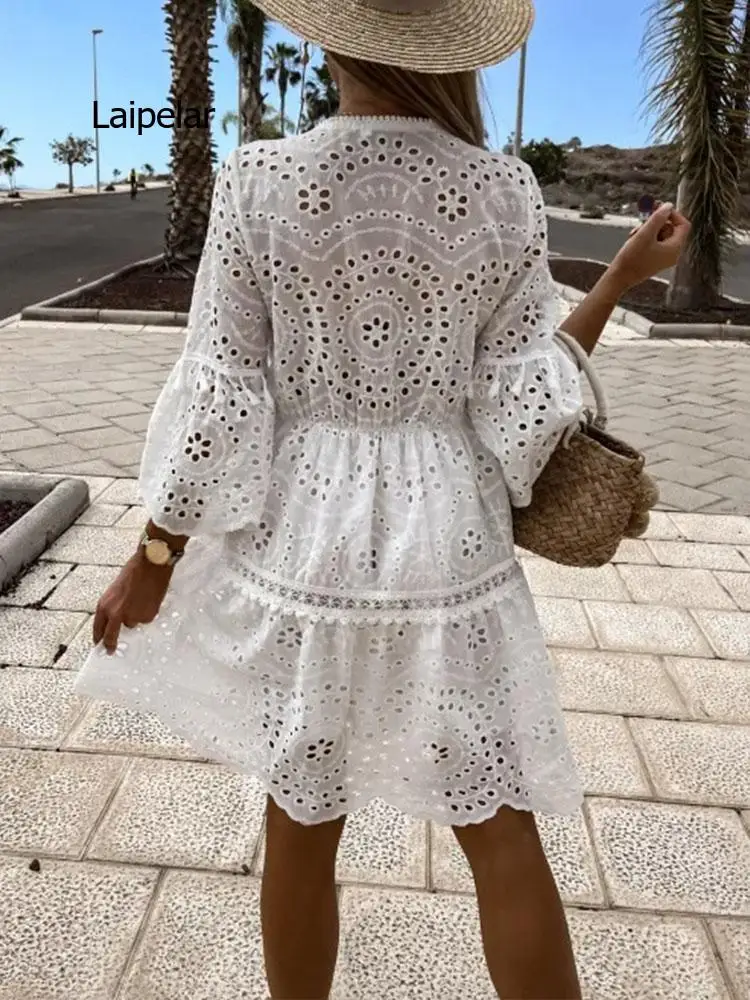 Womens Fashion Short Sleeve Ruffle Loose Beach Dress Elegant Single Breasted Shirt Dress Sexy Embroidery Hollow Out Mini Dresses