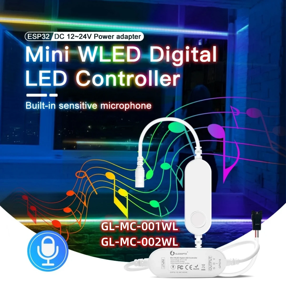 WLED ESP32 WIFI Controller DC12-24V/5V USB RGBIC Digital with Mic Sound Mode Dynamic Mini Controller for Ws2812 Sk6812 Led Strip