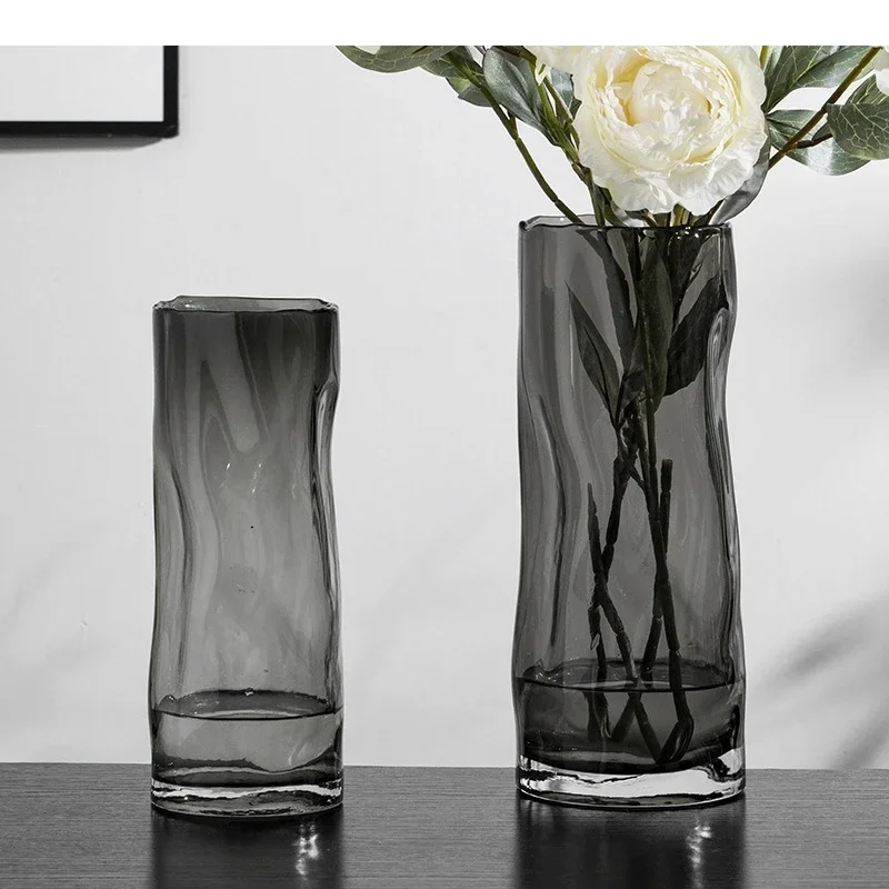 Minimalism Gray Cylinder Glass Vase Hydroponics Flower Pots Decorative Arrangement Floral Vases Living Room Decoration