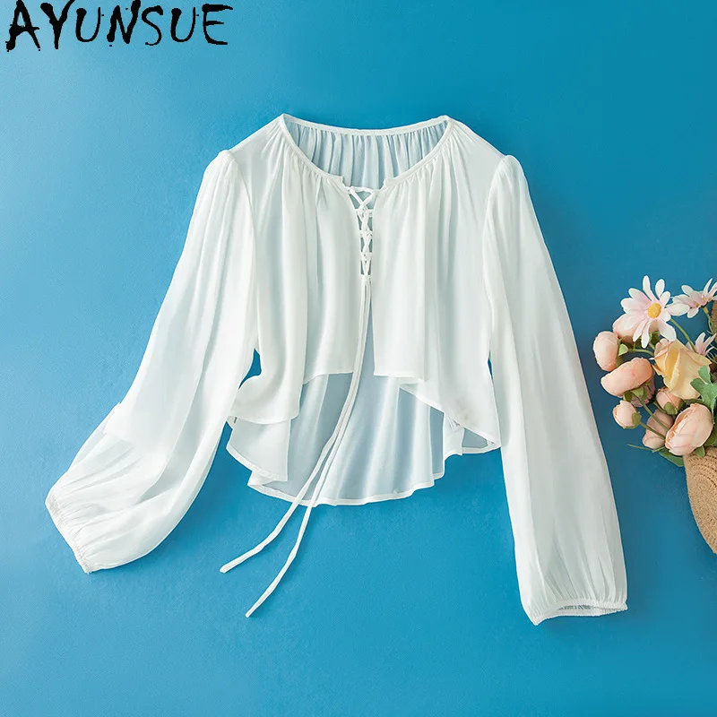 

AYUNSUE Double Crepe Silk Tops for Woman Casual Beach Long Sleeve Tops Lace-up Sunscreen Tshirt Woman Clothing Spring Summer Топ