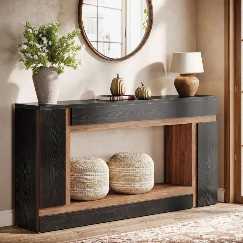 63-Inch Long Console Table for Entryway, 2-Tier Narrow Wooden Rectangular Sofa Table Behind Couch for Hallway