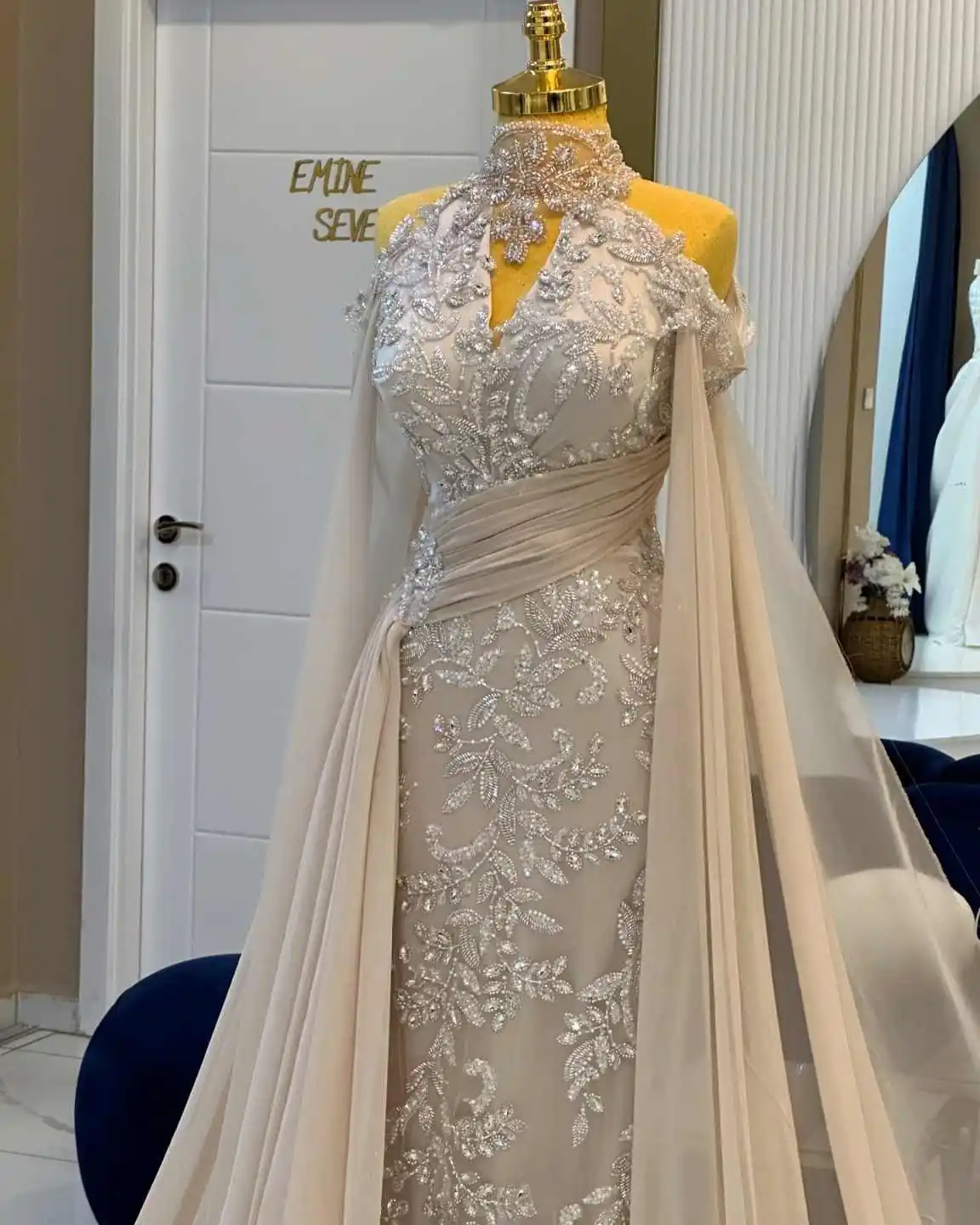 بريق الديكور حورية البحر فساتين السهرة الرقبة العالية بلا أكمام الحفلة الراقصة بلورات مناسبة رسمية حزب مخصص #3